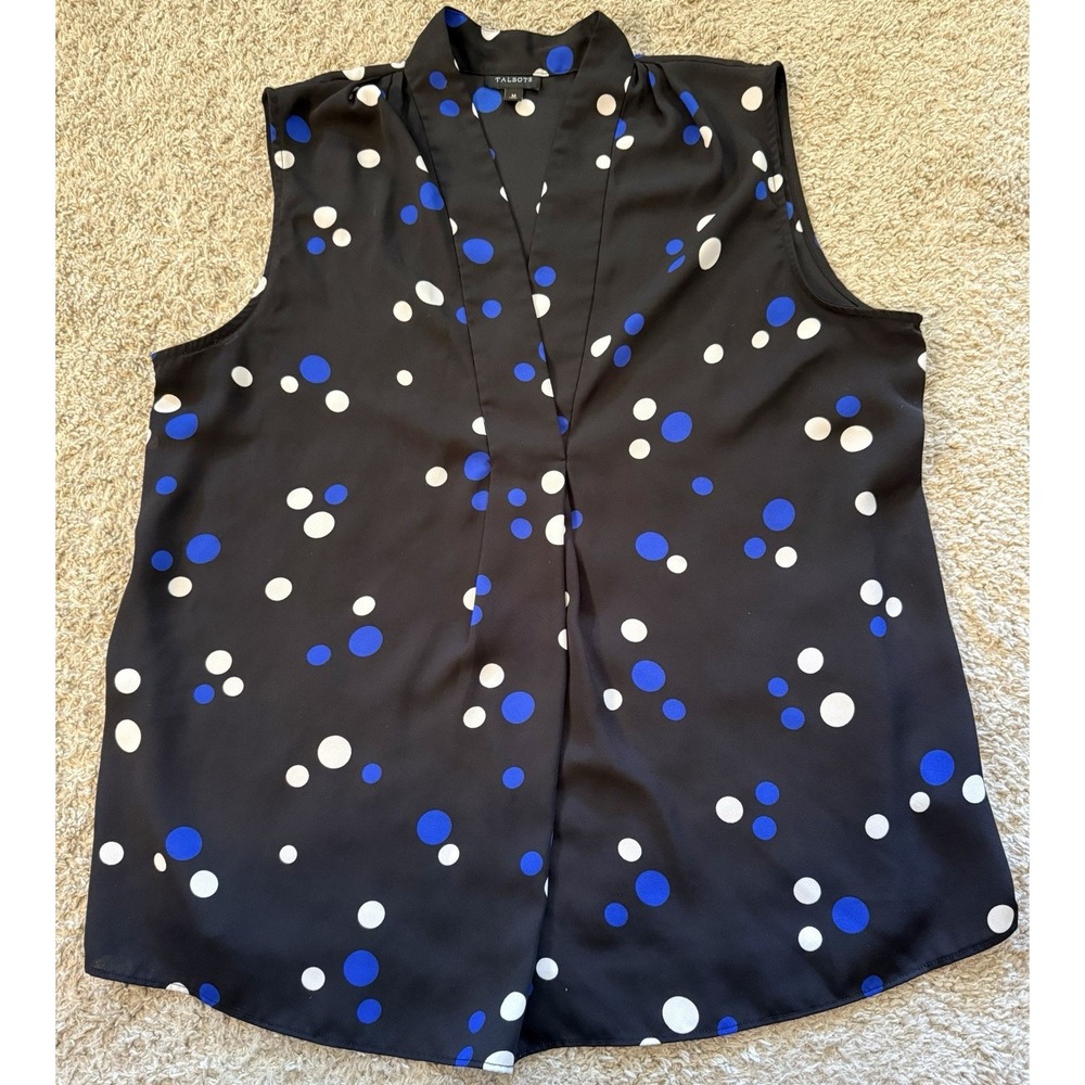 Woman's Talbots Top Size Medium Black And Blue White Polka Dot Sleeveless